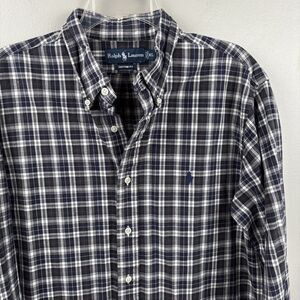 Ralph Lauren Men XL Shirt Navy Blue Plaid long sleeve Pony Cotton Custom Fit